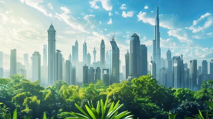 Modern Business Cityscape with Eco-Friendly Architecture and Green Spaces Under a Clear Blue Sky