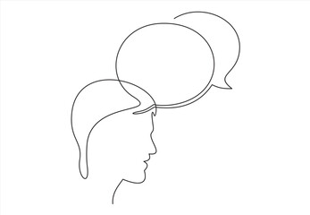 Continuous line drawing of head of a man with speech bubble is drawn by a single black line on a white background. Continuous line drawing. Vector illustration.