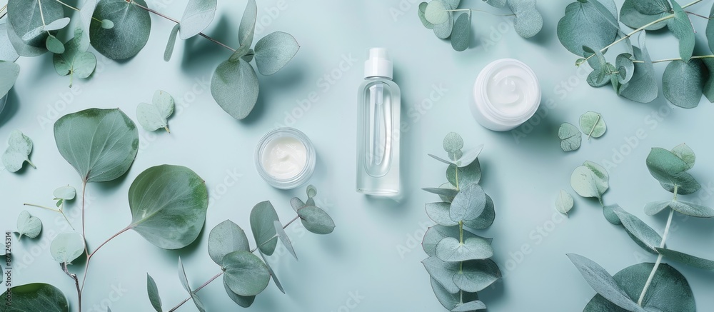 Poster top down shot of eco friendly skincare items surrounded by eucalyptus leaves on a soft blue backdrop