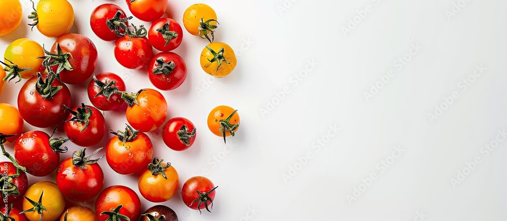 Aufkleber fresh farm tomatoes in red yellow and other hues displayed in a top view flat lay on a white backgro