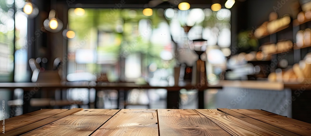 Poster Blurry Coffee shop background with bokeh focusing on an empty wooden table ideal for product display with copy space image