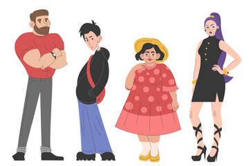 Group of different characters vector isolated. Illustration of 4 male and female adult persons. Muscular man with beard, skinny teen, cute women in dresses. Concept of diversity, full body avatars.