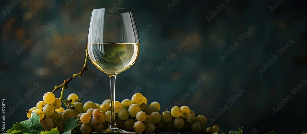 Poster Photo of a glass of white wine with autumn grapes against a dark background offers space for adding text or other elements. with copy space image. Place for adding text or design