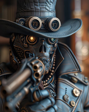 Steampunk zombie hunter with mechanical gadgets in Victorian fashion.