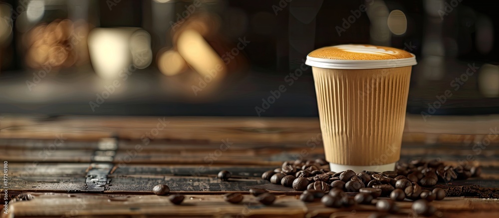 Poster on a wooden table there s a paper cup with a latte alongside coffee beans with available copy space 