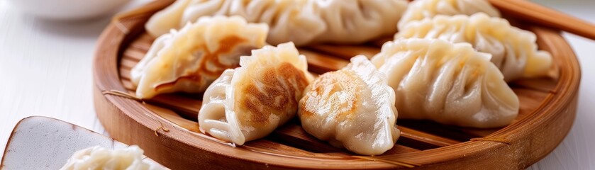 delicious golden brown fried dumplings on wooden plate, asian cuisine, closeup food photography.