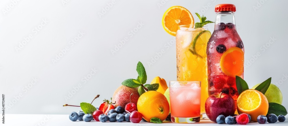 Poster summer tropical drink displayed in a bottle and glass with fresh fruits against a white background p