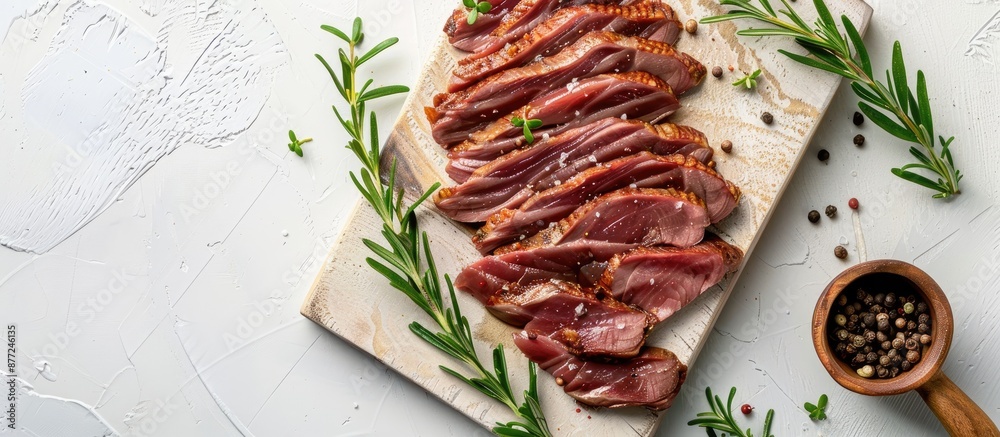 Leinwandbilder sliced duck meat displayed on a white board with ample copy space image
