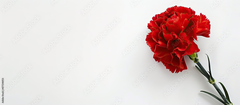 Poster a stunning red carnation flower with copy space image on a white backdrop