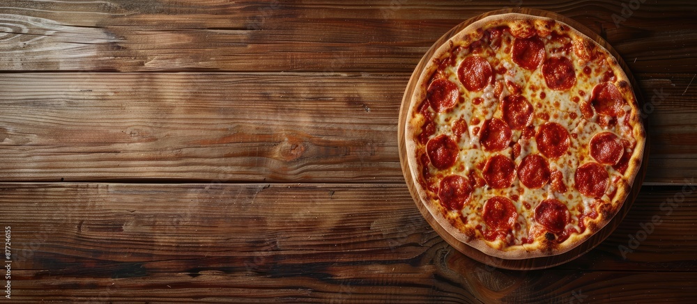 Aufkleber delicious pizza displayed on a wooden background with copy space image