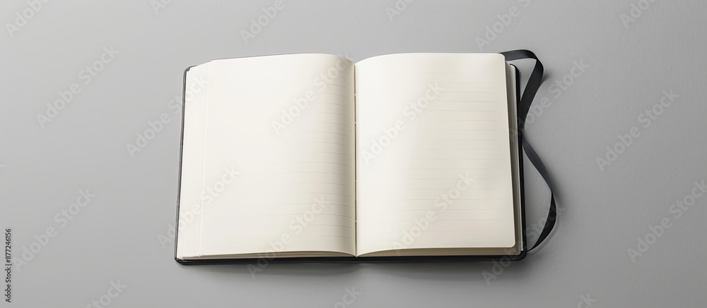 Poster Real photograph featuring a design concept with a top view of an open white notebook including a ribbon bookmark set against a grey background providing copy space image