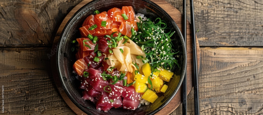 Leinwandbilder a poke bowl displayed from above on a wooden surface featuring chopsticks beside it this dish combin