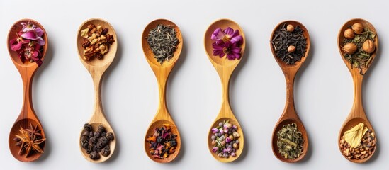 Various dry tea varieties including green black floral herbal and more displayed in wooden spoons against a plain background for a food themed flat lay with copy space image