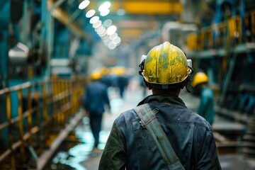 industrial worker in hard hat walking through factory.