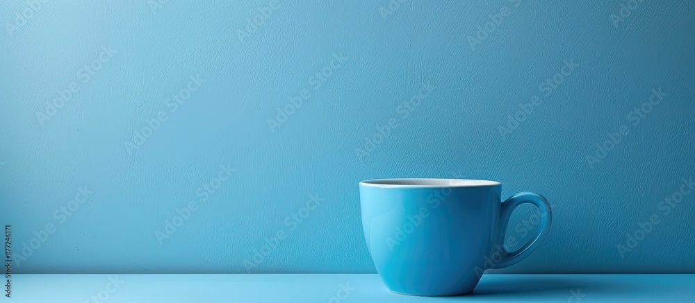 Leinwandbilder Blue cup on a blue background with empty space for text or design in the image. with copy space image. Place for adding text or design