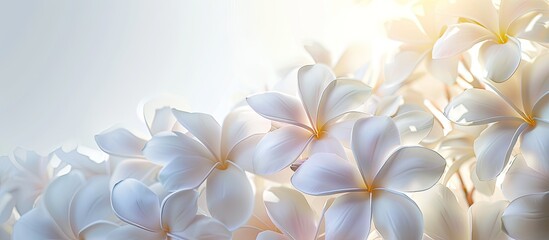 A striking image of white plumeria rubra flowers with vibrant flare light on a blank background creates an elegant copy space image