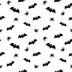This Halloween pattern features a flat style with various iconic elements.Seamless background perfect for use in textiles, wallpapers, and festive decorations.