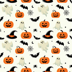 This Halloween pattern features a flat style with various iconic elements.Seamless background perfect for use in textiles, wallpapers, and festive decorations.