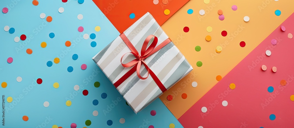 Poster Top view of a gift box on a colorful background providing space for designs in the image. with copy space image. Place for adding text or design