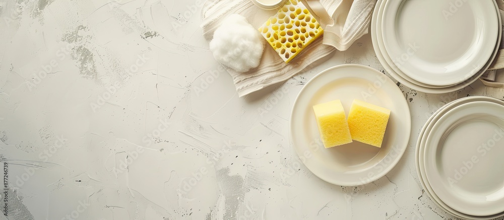 Poster Top down view of a kitchen layout featuring plates sponges and dish soap on a clean white surface with room for text in the image known as a copy space image