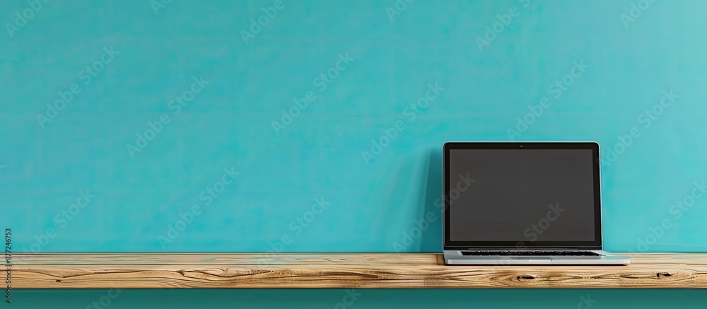 Poster laptop on a wooden table against a turquoise office wall displaying a blank screen for business mock