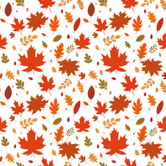 A simple autumn pattern in flat style featuring colorful leaves arranged in a repeating design.Background for textiles, fabrics, cotton fabric, covers, wallpaper, print, gift wrapping, postcard.