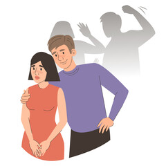 Obraz premium Abuse in family vector isolated. Man hugs unhappy woman, domestic violence. Wife as a victim, aggressive husband. Girl in fear.