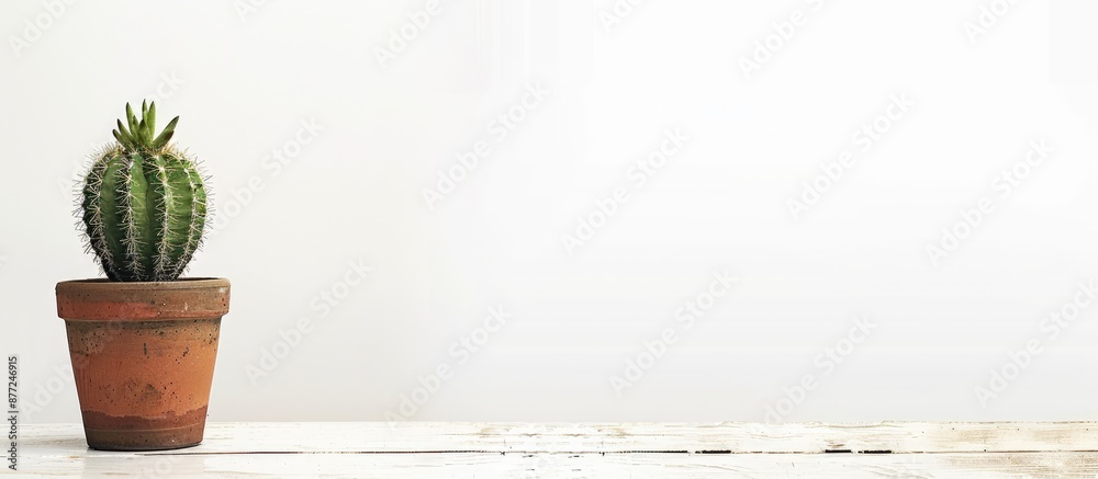 Aufkleber A green cactus in a brown clay pot stands alone on a white background offering ample copy space for text input It rests on an office table creating a designer workspace