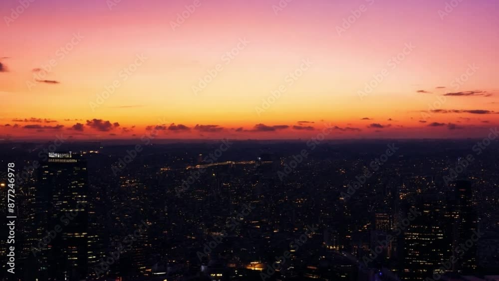 Poster a city skyline is illuminated by the golden hour light of a setting sun.