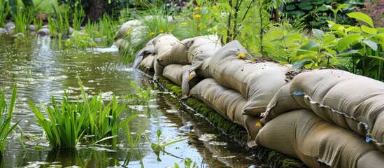 Stormwater management techniques utilizing inlet pipe sandbags and garden greenery in an outdoor setting with copy space image