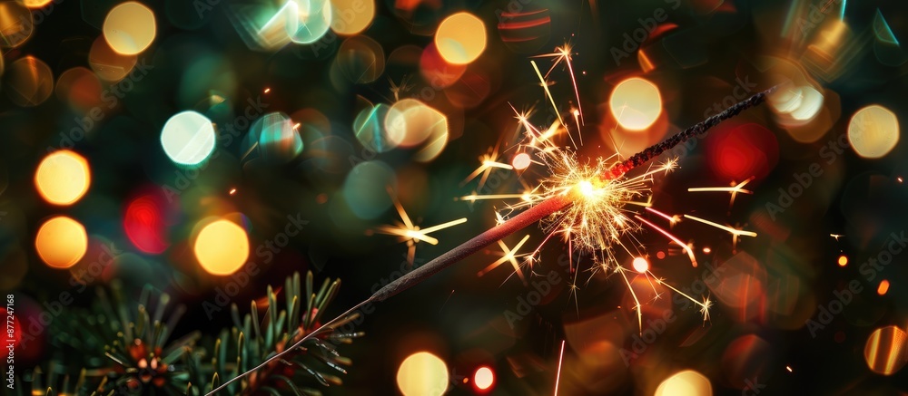 Poster A festive sparkler illuminating a background of abstract circular bokeh resembling Christmas lights creating a celebratory atmosphere with copy space image