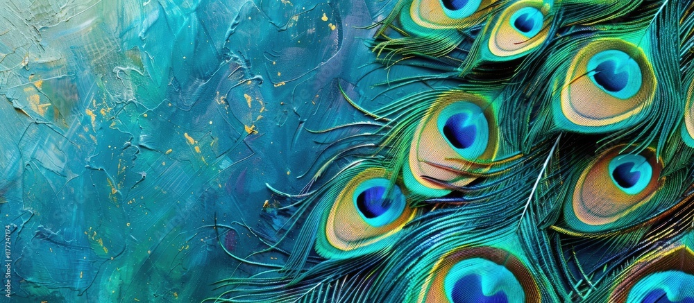 Poster Capturing a close up of exquisite peacock feathers in vibrant blue green and gold hues against a matching background Horizontal layout featuring a decorative colorful copy space image
