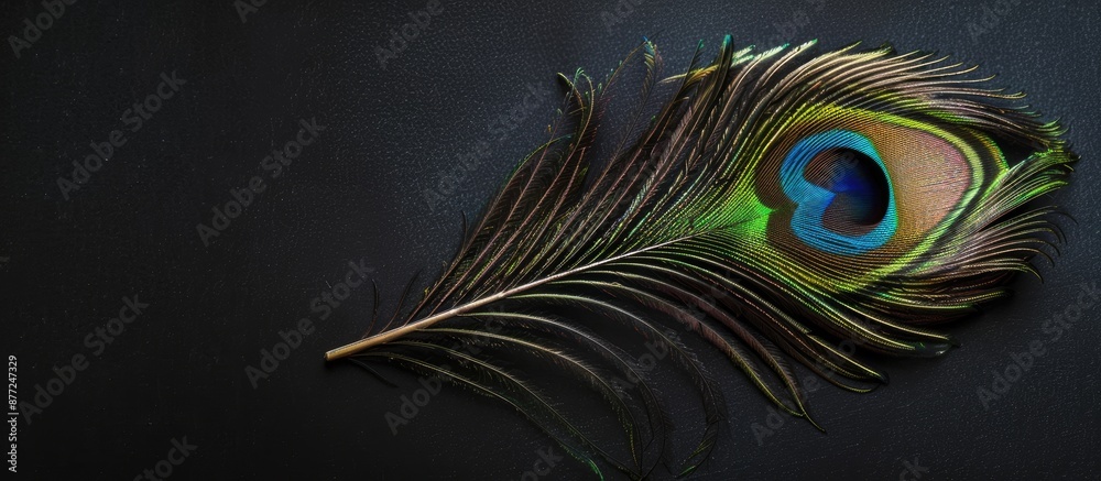 Poster high quality photo of a peacock feather on a black background providing copy space image