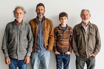 several men of different generations staying together, son and father, same family,