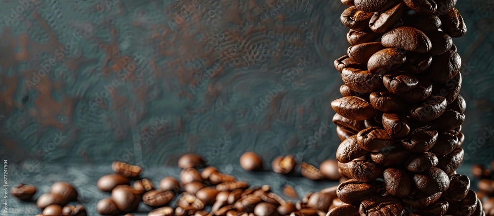 Poster Stack of roasted coffee beans with copy space image