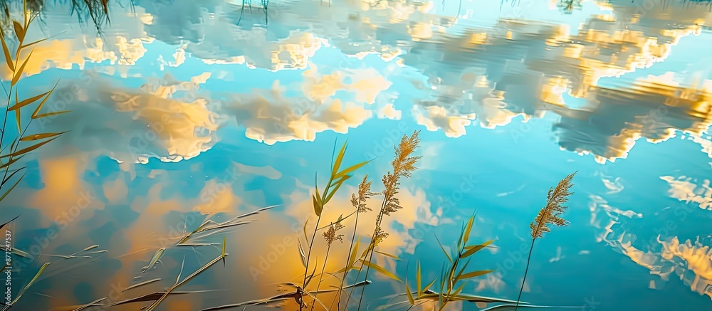 Aufkleber Scenic view of yellow clouds reflected on a lake with a blue sky backdrop and tall reeds ideal for copy space image