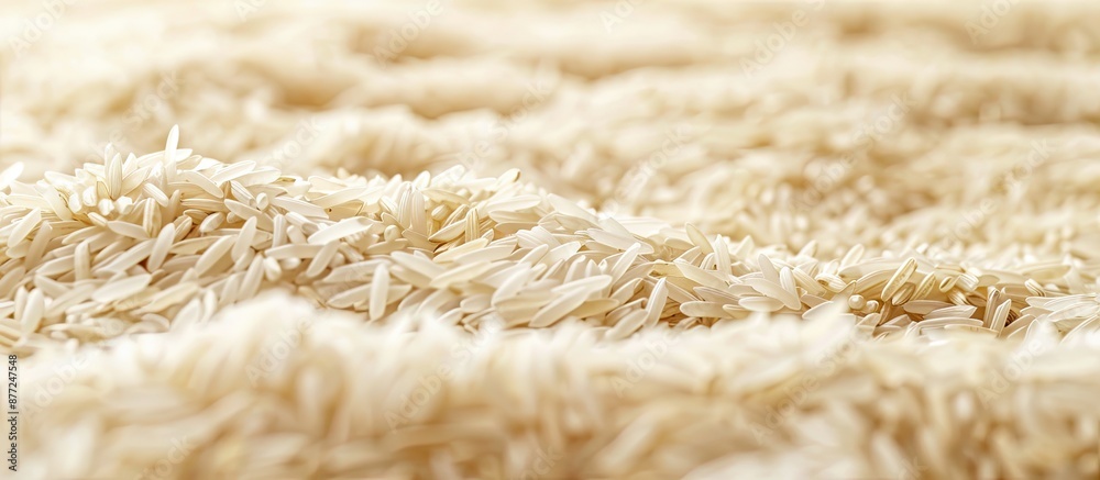 Poster close up of a mound of organic white long rice creating a natural food background with a detailed te