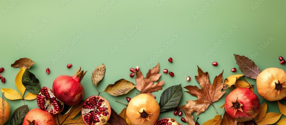 Poster autumn themed border arrangement with pomegranates dry leaves on a yellow green backdrop creative fl
