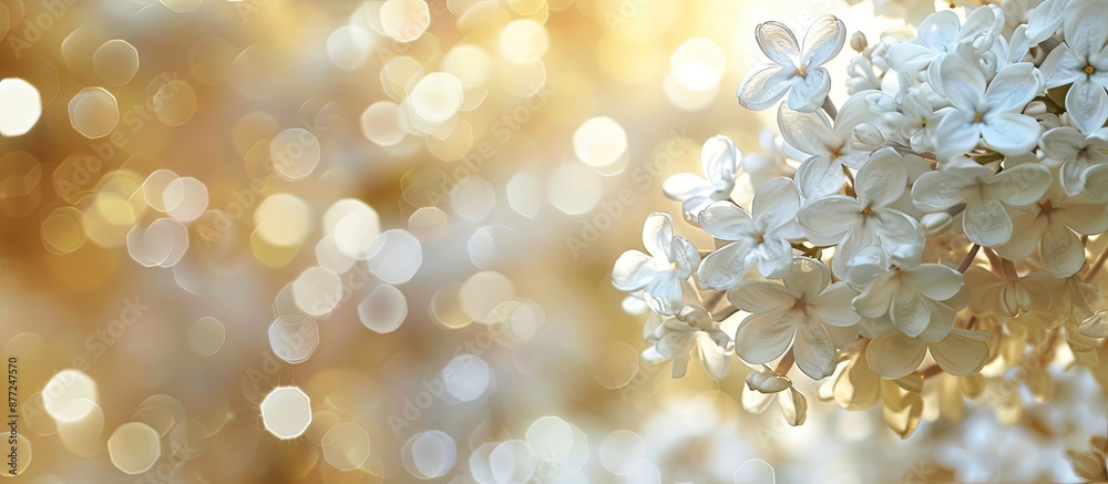 Poster macro white lilac blooms on blurred backdrop with available copy space for web banners
