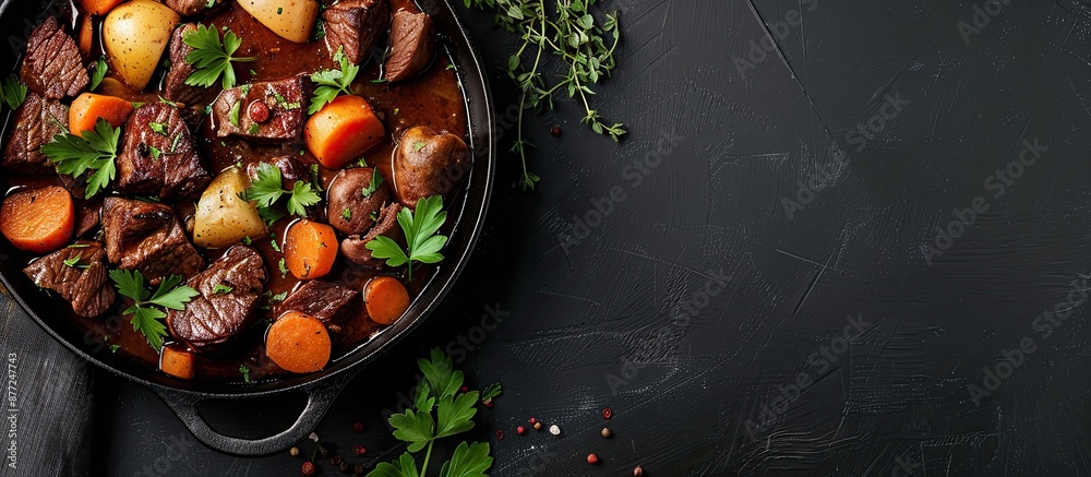 Fototapete A skillet holding beef stew with potato carrot and herbs on a black background captured from above featuring copy space for additional content in the image