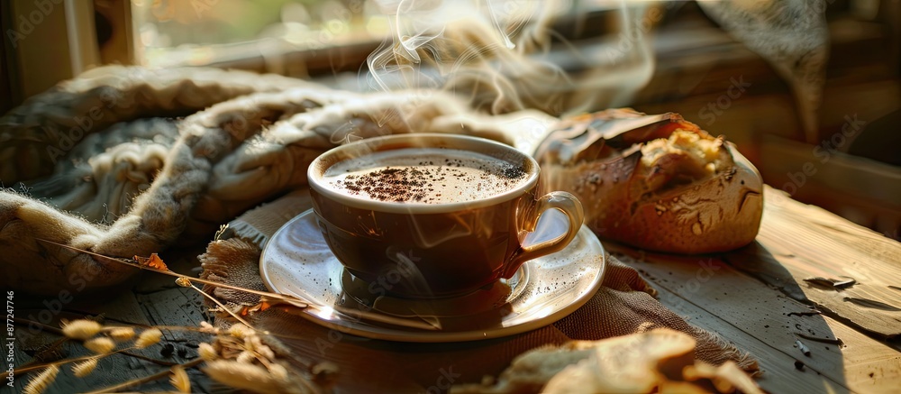 Poster A steaming cup of coffee with smoke surrounded by rustic bread sits on a table in a cozy room with a copy space image