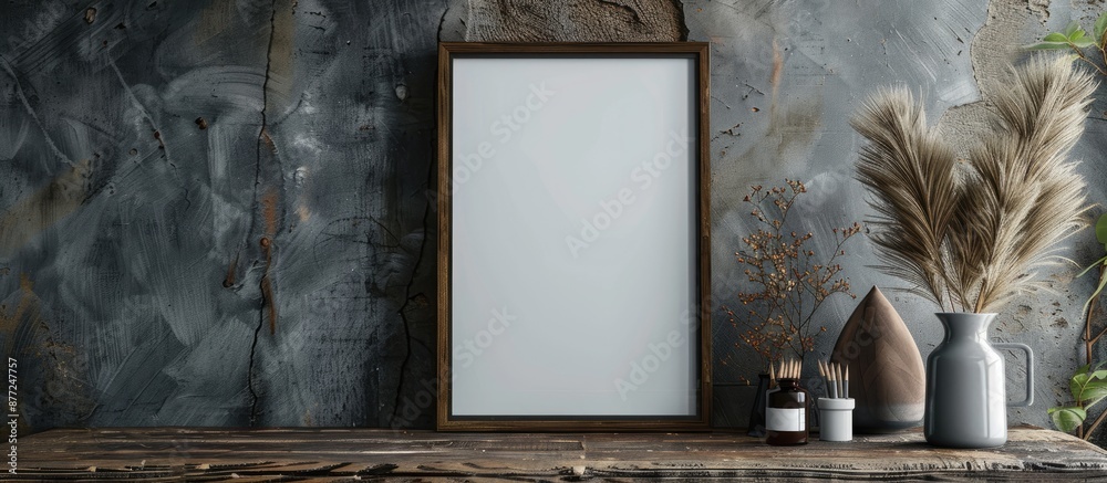 Poster A photo frame mockup displayed on a rustic wooden table with plenty of room for additional graphics or text commonly known as copy space image