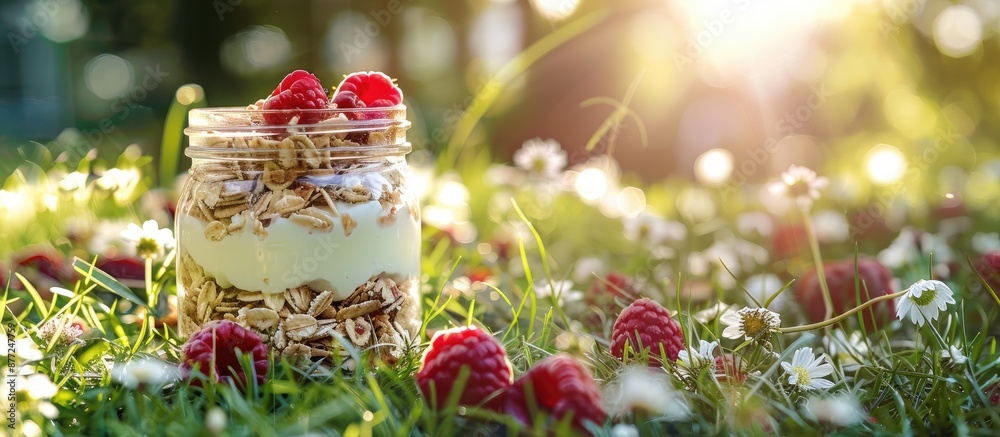Poster a garden scene featuring a jar of muesli yogurt raspberries and nuts on grass creating a homemade br