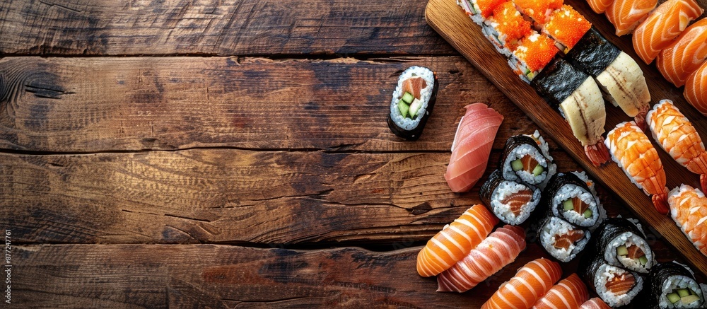 Leinwandbilder a top down view of sushi presented on a wooden table with ample copy space in the image