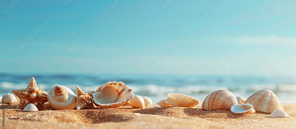 Aufkleber golden sand decorated with seashells creating a tranquil beach scene against a clear blue sky portra