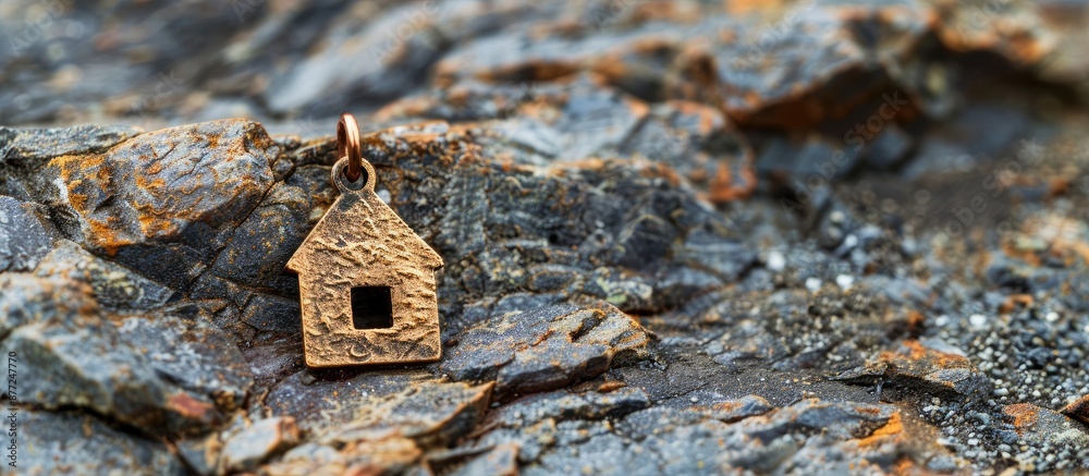 Poster house shaped pendant on a natural rock surface background with a copy space image for text represent