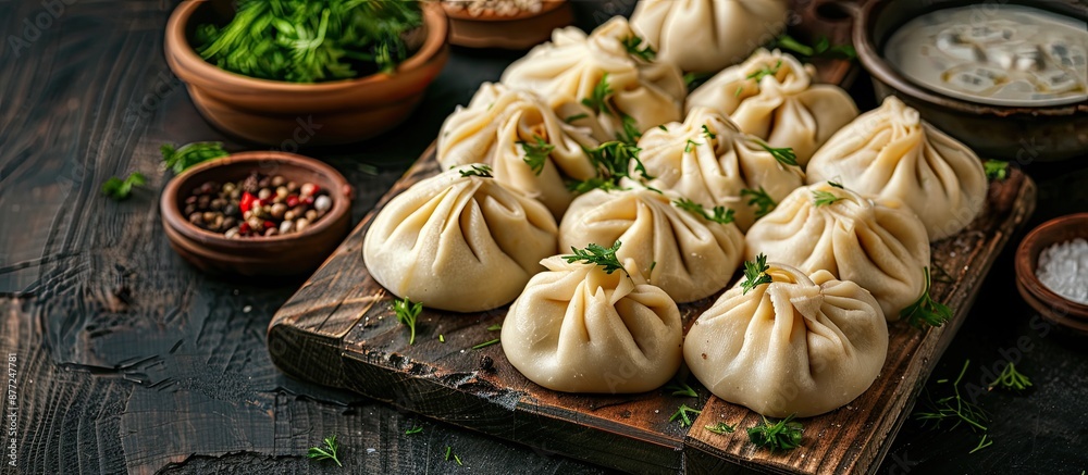 Aufkleber A popular Georgian dish meat khinkali is displayed uncooked on a cutting board with ample copy space image
