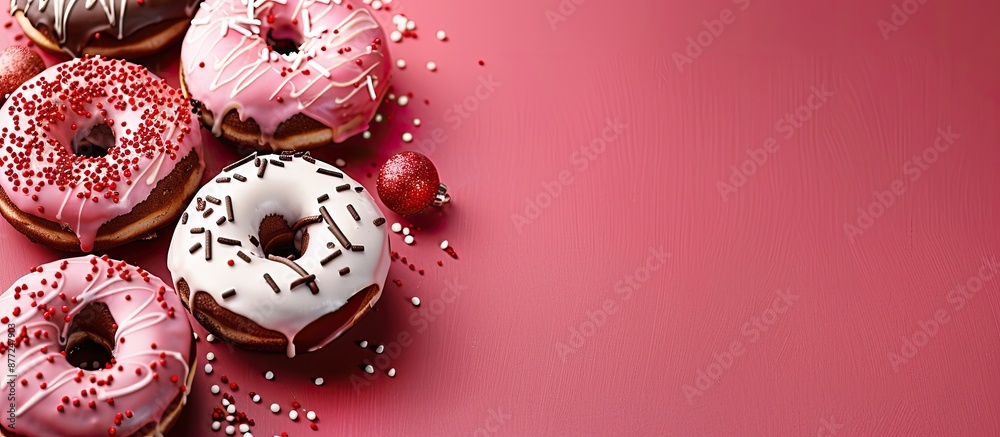 Leinwandbilder pink and white christmas donuts with chocolate on a red backdrop perfect for winter celebrations wit