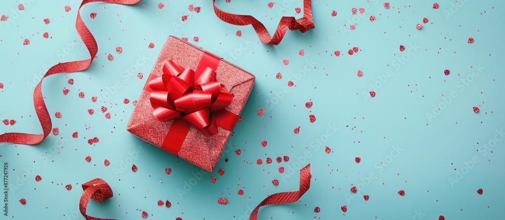 Poster a festive composition showing a holiday gift box with a bow surrounded by red satin tape on a light 