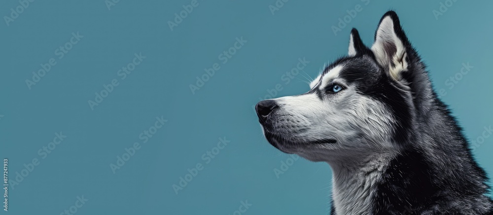 Poster A charming Siberian Husky canine on a blue backdrop with room for text in the image. with copy space image. Place for adding text or design
